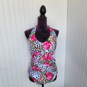NWOT NOON SWIM Women's Ruched Halter 1 Piece Swimming Suit Leopard Floral Sz 18